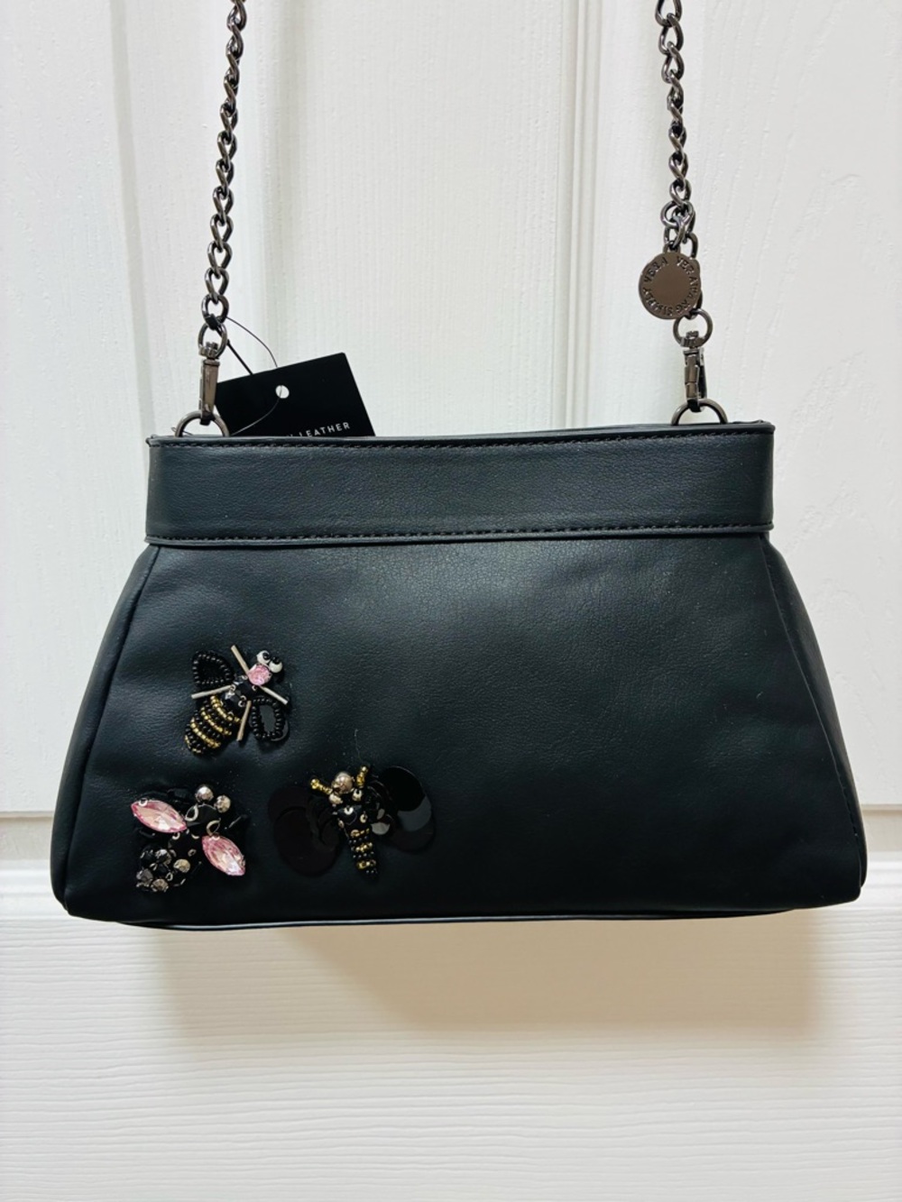 NWT! Simply Vera Black Embellished Bee & Gemstone Clutch with Chain Strap